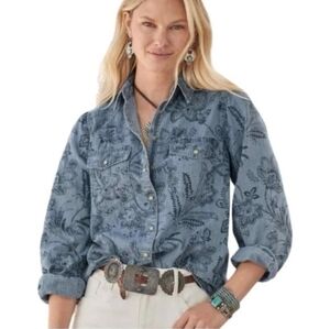 Sundance Blue Floral Fountains Chambray Pearl Snap Shirt M Southwest Western